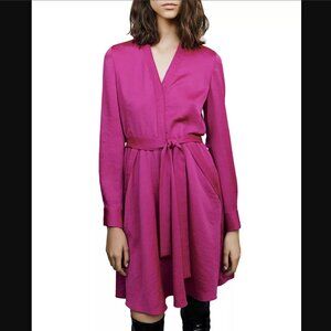 -NWT- MAJE RUSHIANA TEXTURED SATIN DRESS IN FUCHSIA SZ 40